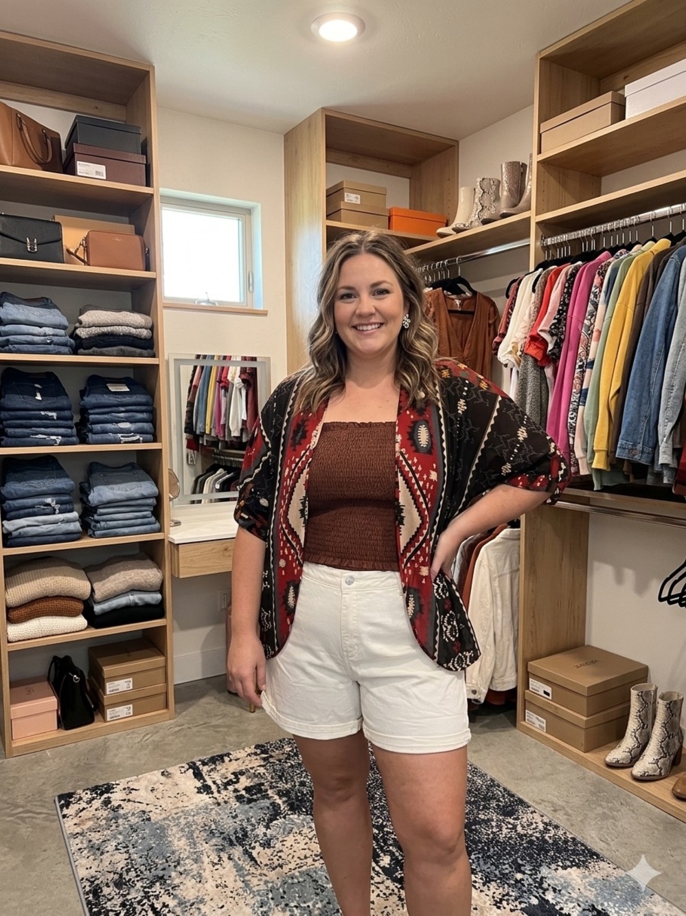 Boho Aztec Kimono Cardigan in Red & Black with shorts and a bralette